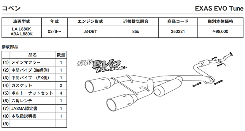 EVO Tune コペン L880K 『JASMA認定 車検対応』『車高短対応』